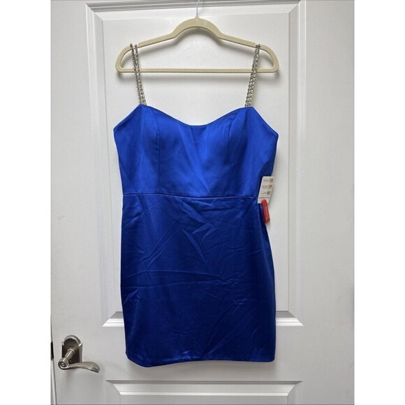 Mac Duggal Size 12 Blue 55691 Rhinestone Strap Satin Mini Cocktail Dress New - Picture 4 of 10